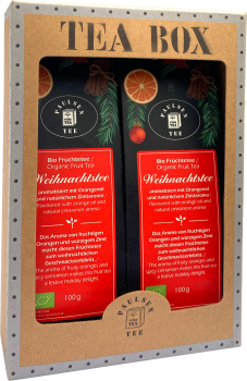 Zwei Weihnachtsfrüchteteetüten in Geschenkbox