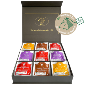 Exklusive Bio-Tee Geschenkbox mit Früchte-, Kräuter - & Rotbuschtees  45 Pyramiden (127,5g), einzeln kuvertiert