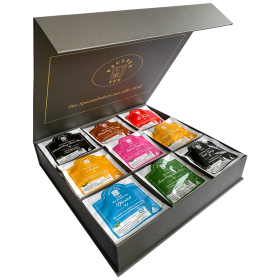 Exklusive Bio-Tee Geschenkbox mit Tee aus aller Welt 45 Pyramiden (135g), einzeln kuvertiert