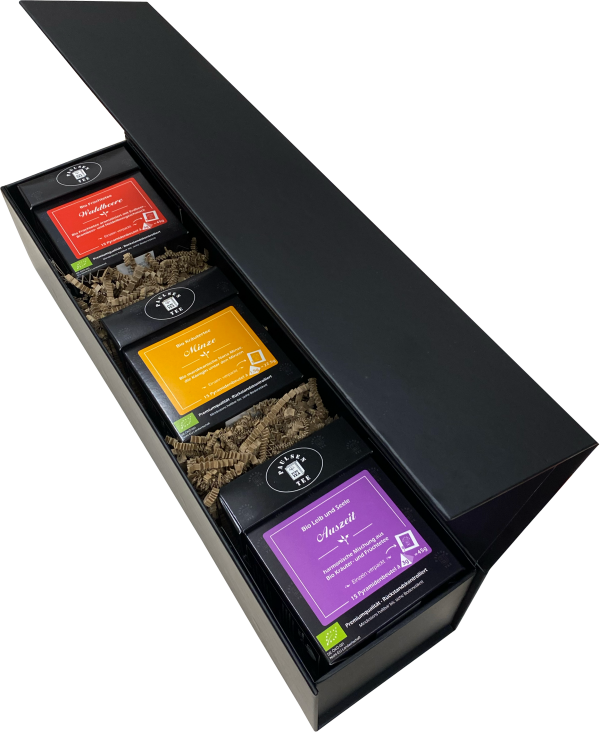 Geschenkkarton mit Magnetverschluss: 3 Faltschachteln aus dem Bio Kräuter- und Bio Früchteteesortiment (112,5g)