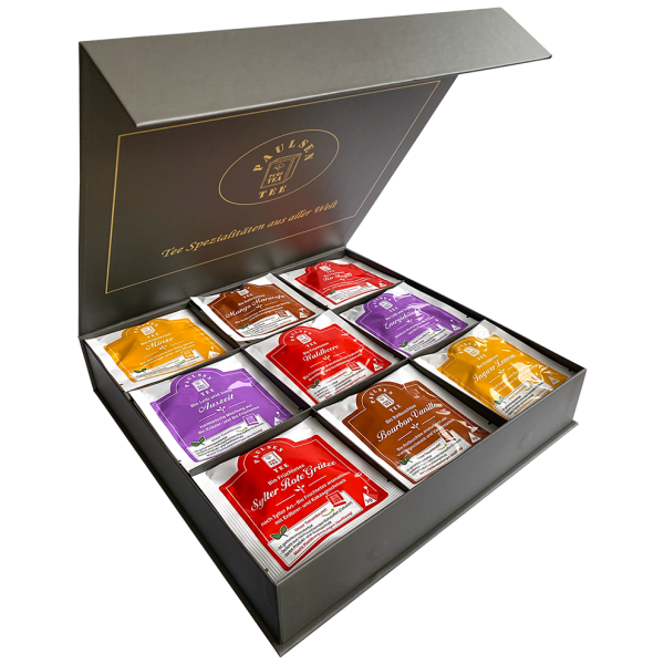 Exklusive Bio-Tee Geschenkbox mit Früchte-, Kräuter - & Rotbuschtees  45 Pyramiden (127,5g), einzeln kuvertiert