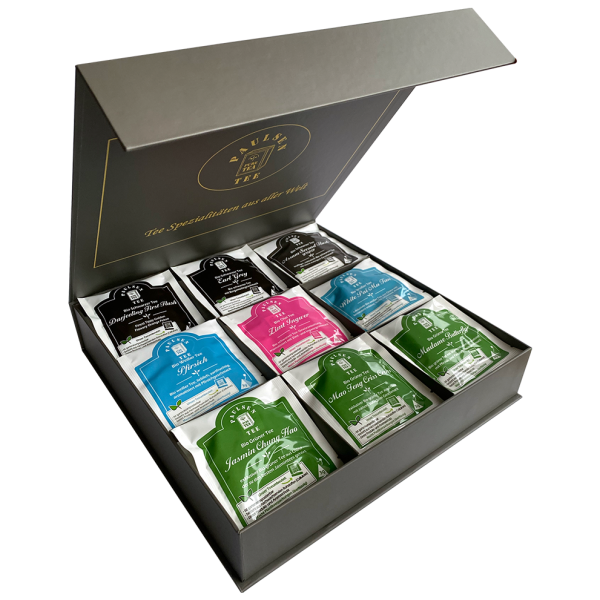 Exklusive Bio-Tee Geschenkbox mit schwarzen, grünen & weißen Tees 45 Pyramiden (135g), einzeln kuvertiert