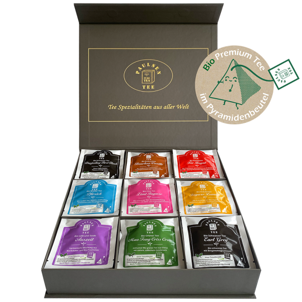 Exklusive Bio-Tee Geschenkbox mit Tee aus aller Welt 45 Pyramiden (135g), einzeln kuvertiert