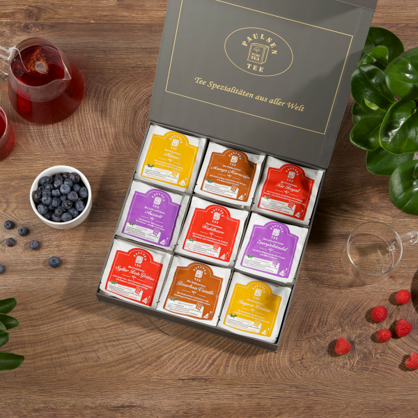 Exklusive Bio-Tee Geschenkbox mit Früchte-, Kräuter - & Rotbuschtees  45 Pyramiden (127,5g), einzeln kuvertiert